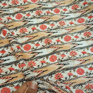 Rayon challis coral peach floral flowers black and off white fabric sold by the yard small flowers draping decoration clothing dress flowy