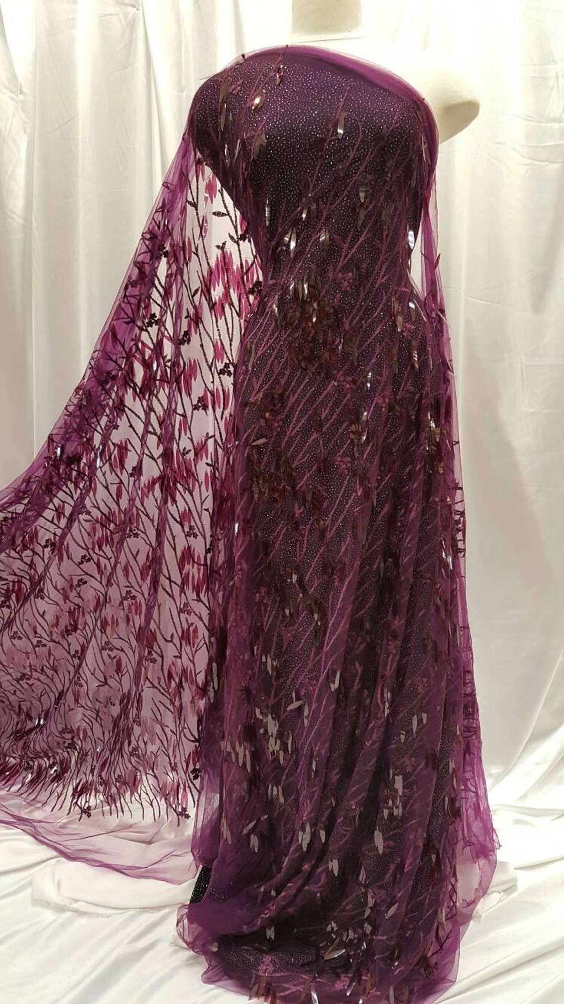 Eggplant Lace Embroidered Flowers Floral 3d Sequin Paillette Etsy