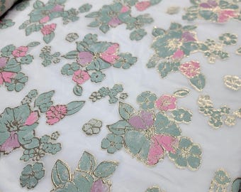 Sage Pink Gold Floral Brocade On White Organza Fabric by Yard Floral Flowers Decoration Clothing Draping Prom Quinceañera