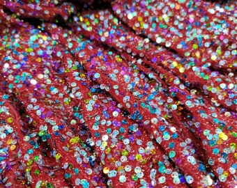 Red Stretch Mylar Multicolor Sequin Embroidery On Stretch Fabric Rainbow Polka Dot Fabric By The Yard Gown Dress Decoration