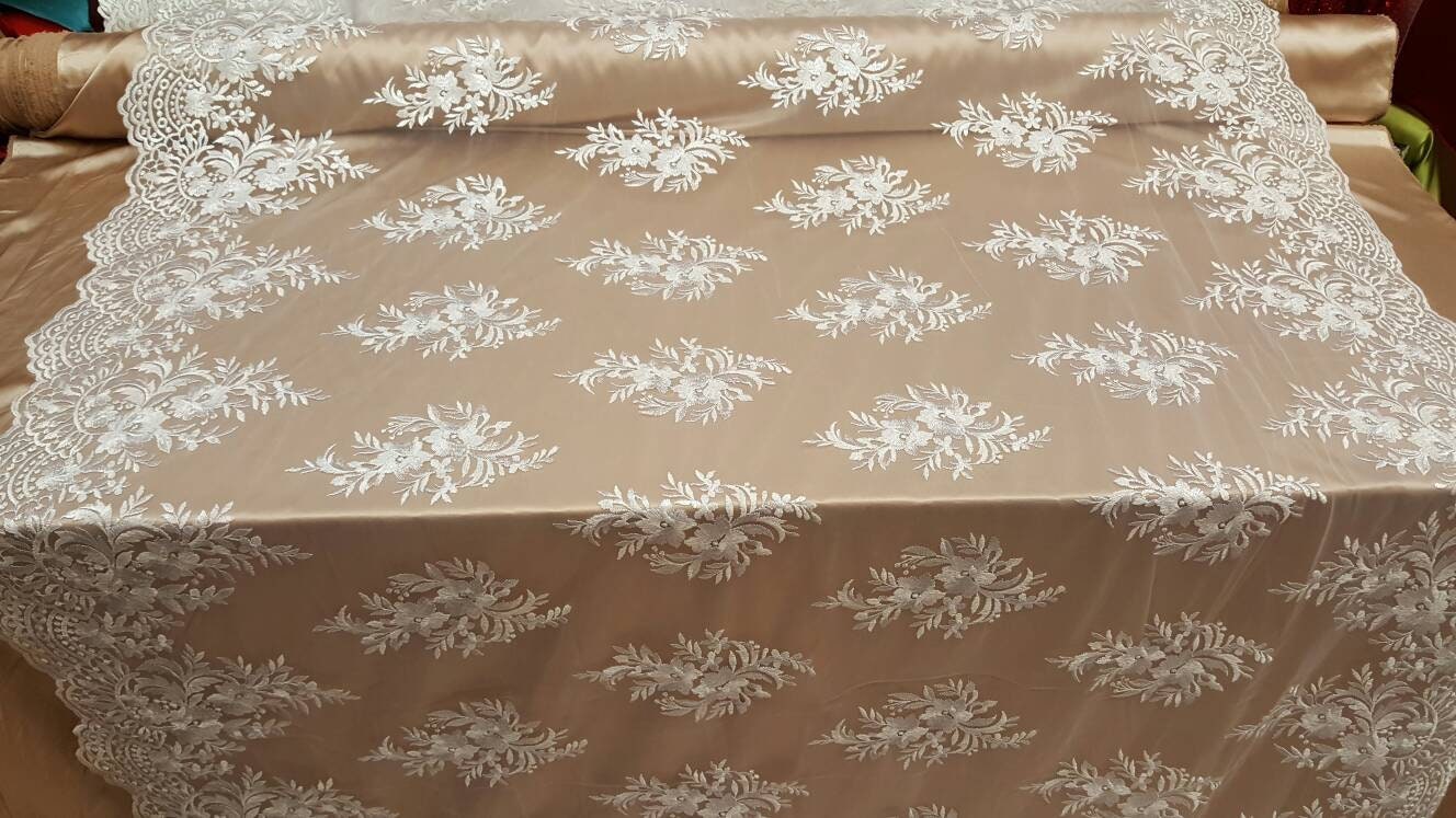 White Embroidered Lace Fabric by the Yard Floral Flowers Etsy
