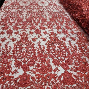 Burgund Perlen Spitze Stickerei Blumen Blumen Stoff Schüttgut für Braut Abend Kleid Abendkleid Quinceamaßa Fashion Style