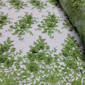Lace 3d Floral Flowers Olive Green Embroidered On Mesh Fabric Sold By The Yard Pearls Floral Prom Gown Quinceañera Bridal Fabric