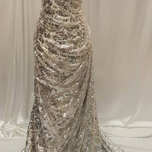 Silver sequin lace fabric Roses silver, white mesh 1 way stretch fabric sold by the yard Prom gown quinceañera bridal Evening dress draping