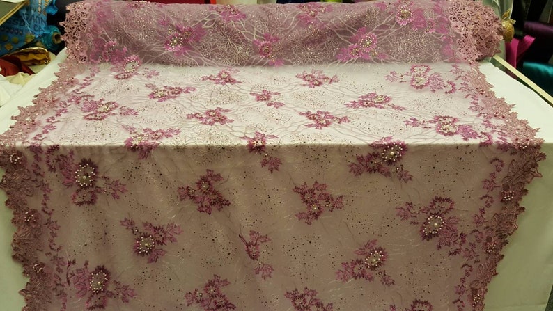 Lilac hand beaded lace floral flowers embroidered rinesthone pearls prom fabric sold by the yard double scalloped Gown Quincea\u00f1era bridal