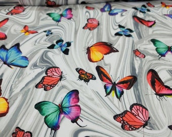 Multicolor Butterflies Stretch Rayon Spandex Fabric By The Yard Gown Dancer Clothing Fashion Decoration Dress Pink Blue Gray Background