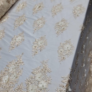 Champagne 3d Lace 3d Floral Flowers Embroidered on Mesh Pearls Double Scalloped Wedding Fabric Sold by Yard Gown Prom Drees Bridal
