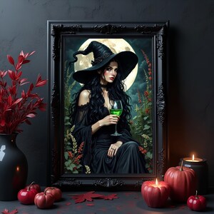 Witch Drinking Green Wine Print | Halloween Witch Decor | Spooky Season Art | Witchy Art Print | Spooky Decor | Witchy Decor | Gothic Decor