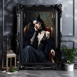 Gothic Woman with Horns Art Print: Dark Boudoir Decor, Alternative Goth Art