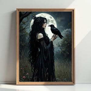 Gothic Woman with Raven Art Print: Moonlit Meadow, Witchy Victorian Decor
