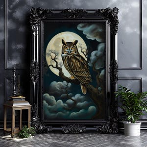 Horn Owl & Moon Art Print: Gothic Witchy Wall Hanging