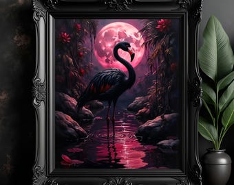 Black Flamingo Art Print: Gothic Tropical Decor