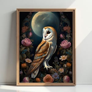 Barn Owl & Moon Art Print: Dark Academia Gothic Wall Hanging