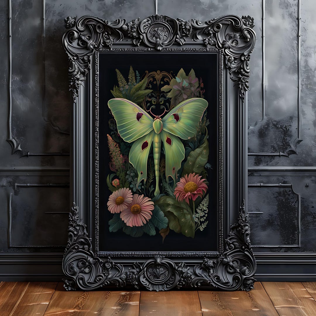 Luna Moth With Flowers Wall Art | Witchy Luna Moth Picture | Bohemian ...