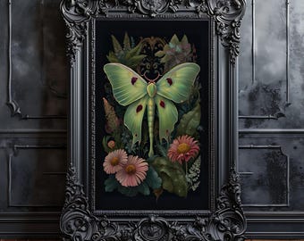 Luna Moth Floral Wall Art: Gothic Dark Academia Print
