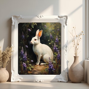 White Rabbit Lavender Print: Dark Academia Bunny Wall Art