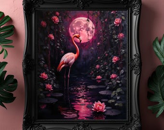 Gothic Pink Flamingo Art Print: Pink Moon, Dark Tropical Decor