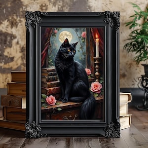 Gothic Cat Art Print: Victorian Dark Academia Home Decor