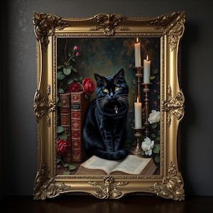 Gothic Black Cat Art Print: Dark Academia Home Decor