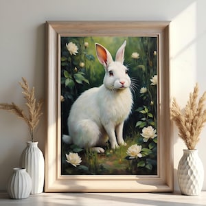 White Rabbit Art Print: Dark Academia Bunny with Flowers