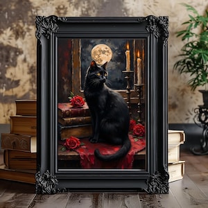 Gothic Cat Art Print: Victorian Dark Academia Home Decor