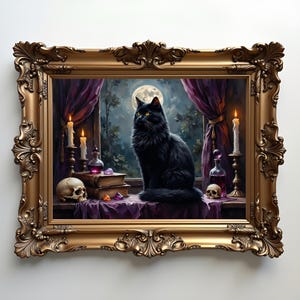 Victorian Gothic Black Cat Art Print: Witchy Halloween Decor