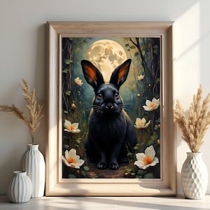 Moonlit Black Rabbit Print: Dark Academia Gothic Wall Art