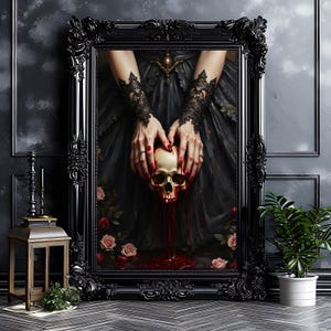 Gothic Skull Art Print: Woman&#39;s Hands, Dark Academia Home Decor