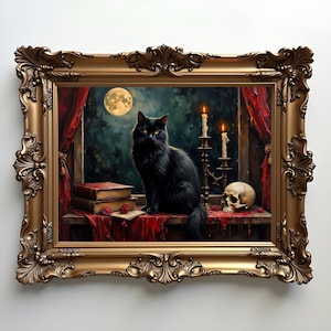 Victorian Gothic Black Cat Art Print: Witchy Dark Academia Decor