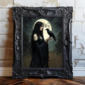 Gothic Woman with Raven Art Print: Victorian Witchy Decor