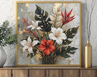 Neutral Gold Tropical Floral Wall Art Print | Hibiscus Botanical Decor