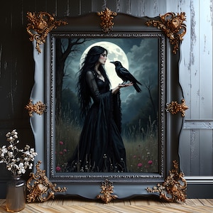 Gothic Woman with Raven Art Print: Witchy Victorian Decor