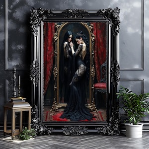 Gothic Victorian Woman in Mirror Art Print: Alternative Goth Decor