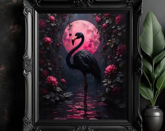Gothic Black Flamingo Art Print: Pink Moon, Dark Tropical Decor