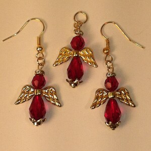 Handmade with Swarovski Crystal angel earrings and pendant set, Siam red color