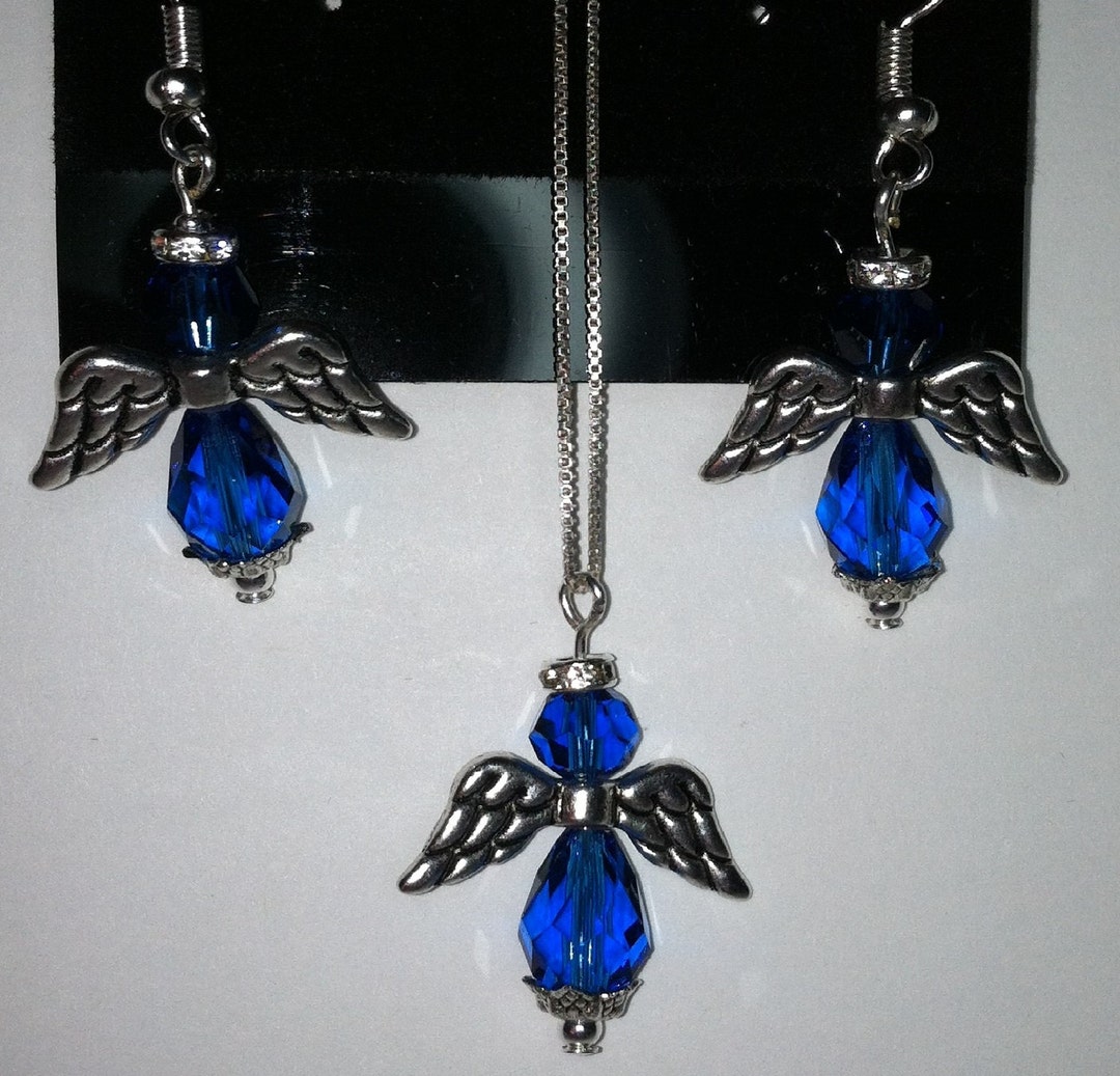 Handmade Swarovski Crystal angel earrings and pendant set, Capri blue