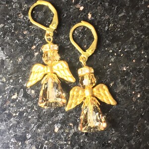 Christmas Angel Earrings, handmade with gold color Swarovski crystal, gold color wings.
