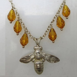 028 Sterling Silver Bee Charm Necklace w/ Crystal Drop Beads