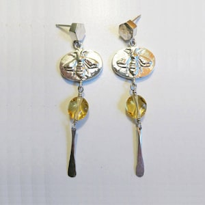 031 Sterling Silver Bee Earrings w/Citrine Bead and Hammered Drop
