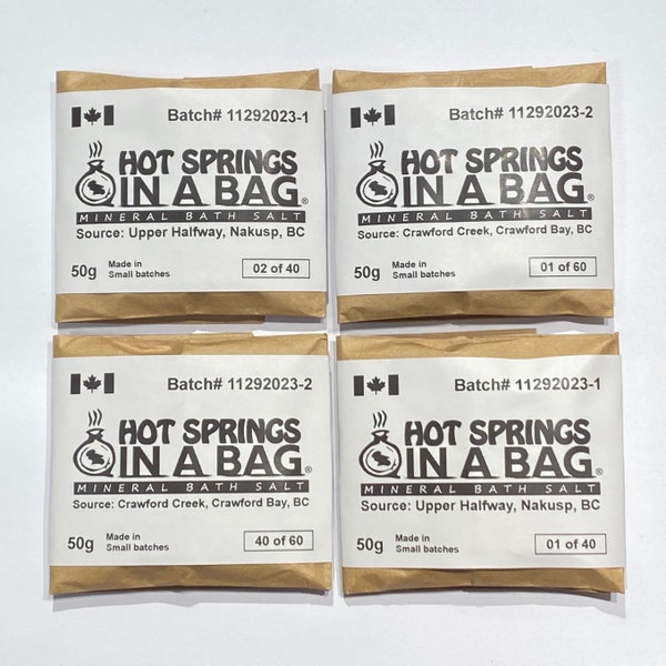 4x Hot Springs in a Bag - Mineral Bath Salt - Source: 2x Crawford Creek, Crawford Bay, BC & 2x Upper Halfway, Nakusp, BC.