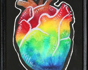 STAY PROUD Rainbow Heart - Framed Original Painting 11x14" - 50% to LGBTQ+ Charity