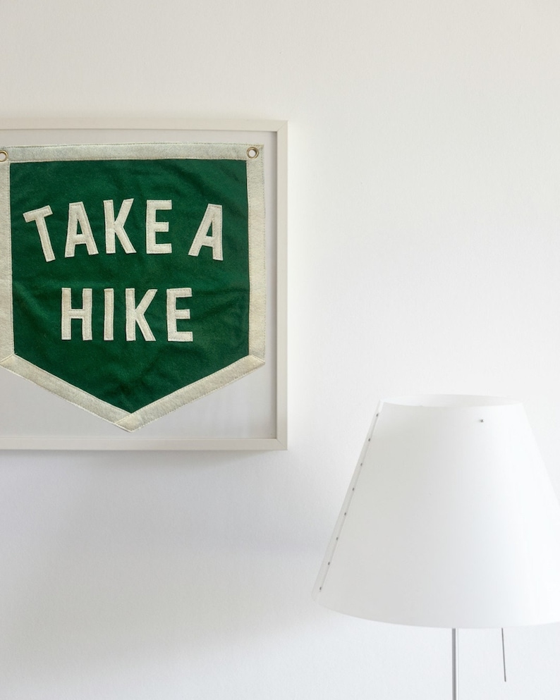 May include: A framed green fabric banner with white text that reads "TAKE A HIKE" hanging on a white wall next to a white lamp.