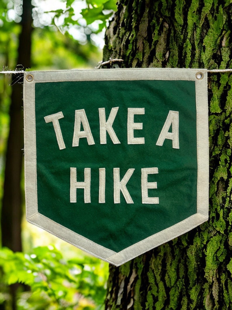 May include: A green fabric banner with white text that reads "TAKE A HIKE" hanging from a tree branch.