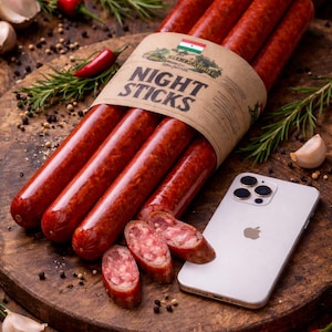 May include: A bundle of red sausages labeled "Night Sticks" wrapped in brown paper, displayed on a wooden cutting board. Sliced sausage pieces, garlic cloves, red peppers, and rosemary sprigs surround the sausages. A smartphone is also present.