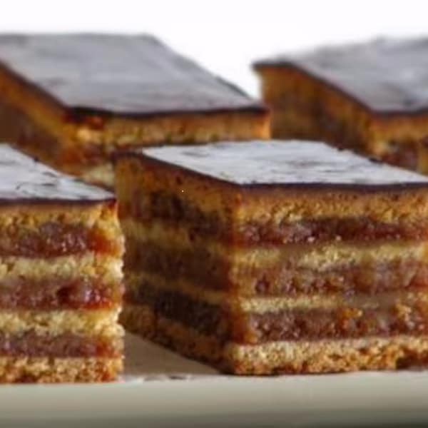 Hungarian "Zserbó Süti" Dessert- Gerbeaud Chocolate, Nut and Jam Dessert  (World Famous)  Similar to Croatian Madjarica Kolac German