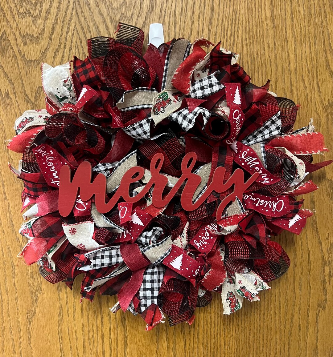 Christmas Truck, Holiday Buffalo Plaid Ribbon and Mesh Wreath - Etsy