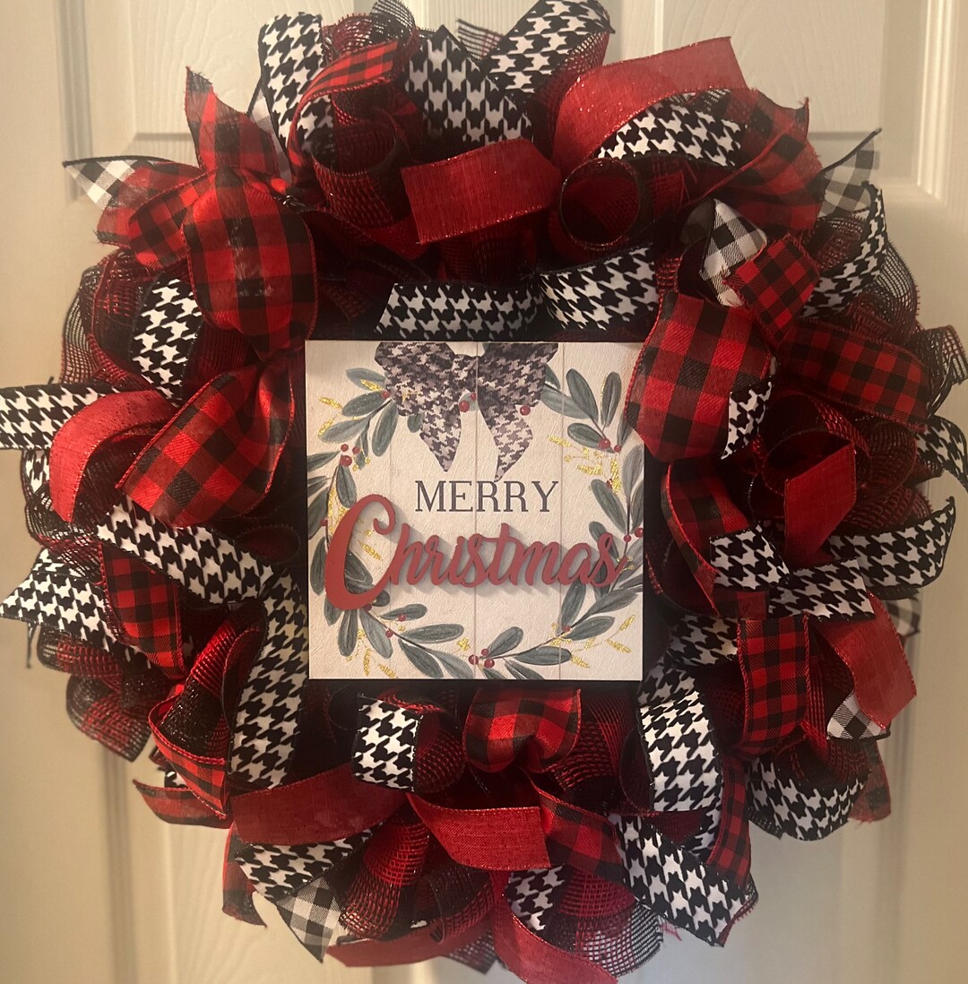 Red and Black Buffalo Check, Ribbon and Mesh, Merry Christmas, Holiday ...