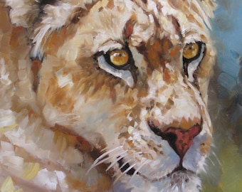 LIONESS OIL PAINTING, Huntress, original art, Cat Lover Gift, Luxury Wall Decor by artist Kindrie Grove