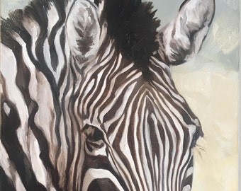 Zebra Portrait, original art oil painting, wall art on board by Canadian Artist Kindrie Grove
