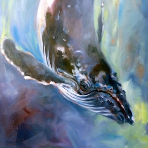 HUMPBACK WHALE PAINTING, Commitment, Original Art Oil of a Diving Humpback Whale by artist Kindrie Grove